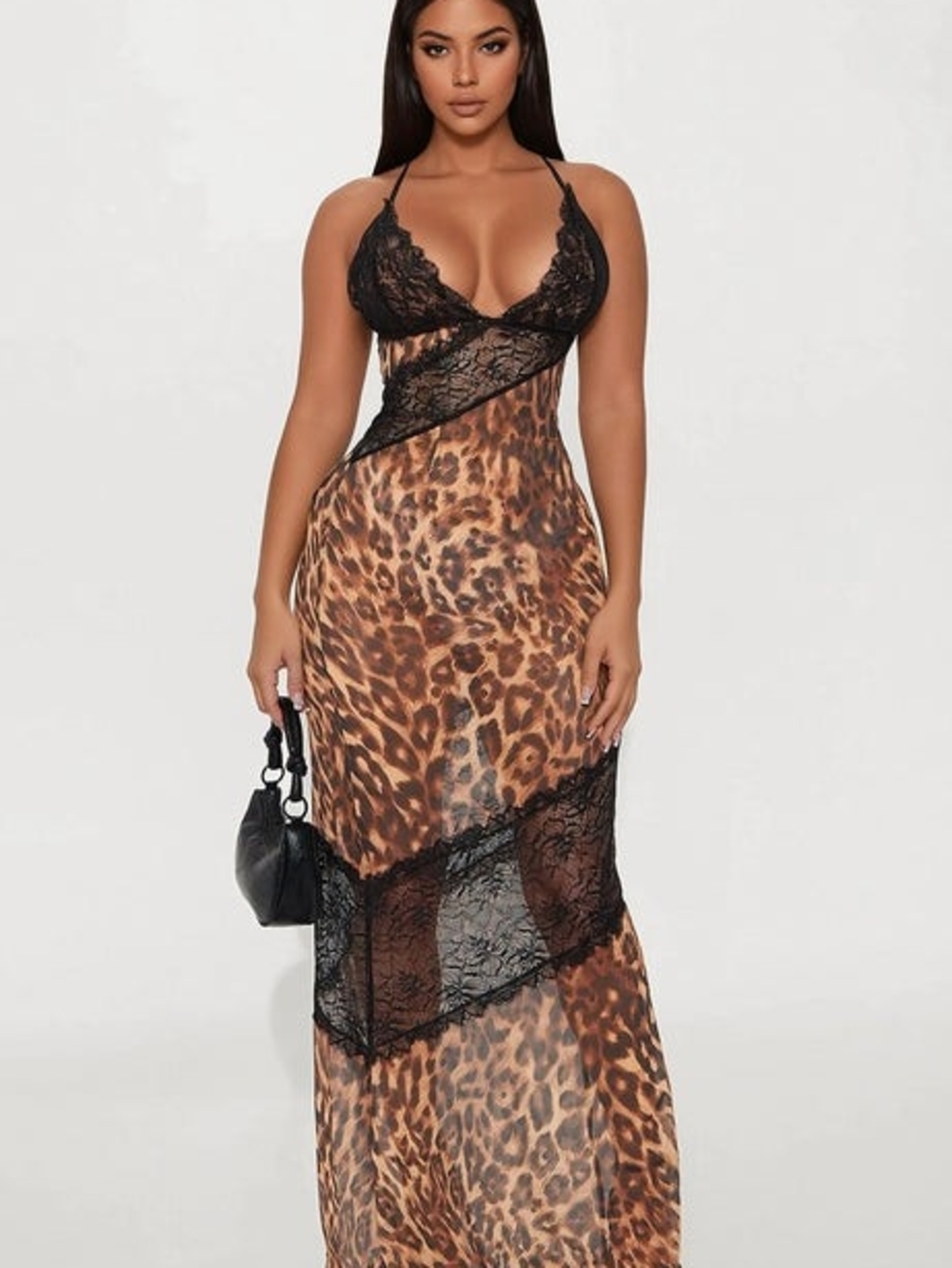 Fashion Nova Leopard Print Maxi Dress with Black Lace Trim
